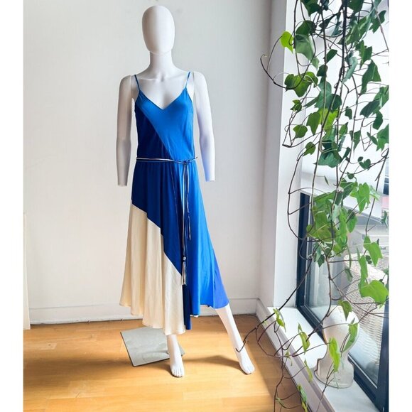 Vintage Tristan Blue Ivory Colour block SILK Midi Dress XS - Picture 2 of 8